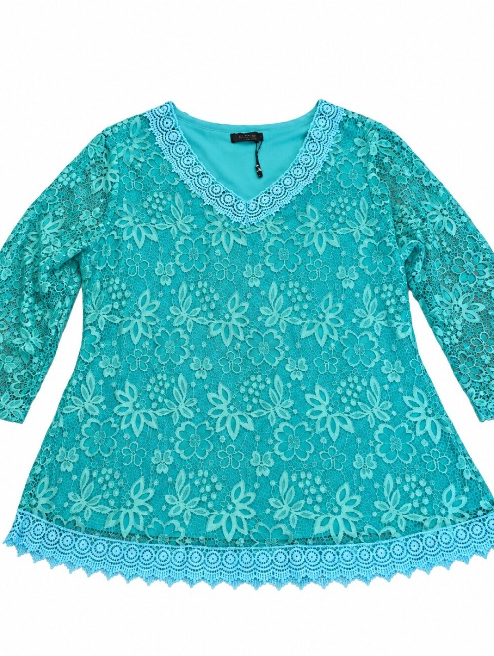 Women’s XL Turquoise Floral Lace Stretch Top 3/4 Sleeve NWT